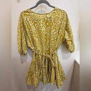 Aakaa Mustard Floral 3/4 Sleeve Belt Dress
